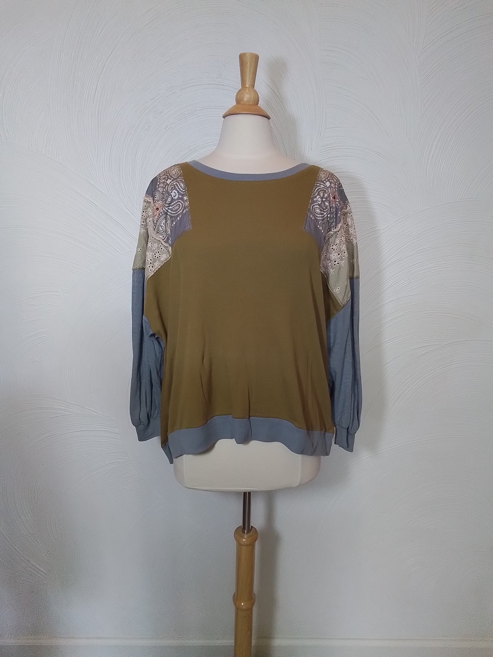 We The Free Long Sleeve Mixed-Media Tee with Patchwork Sleeves Size M